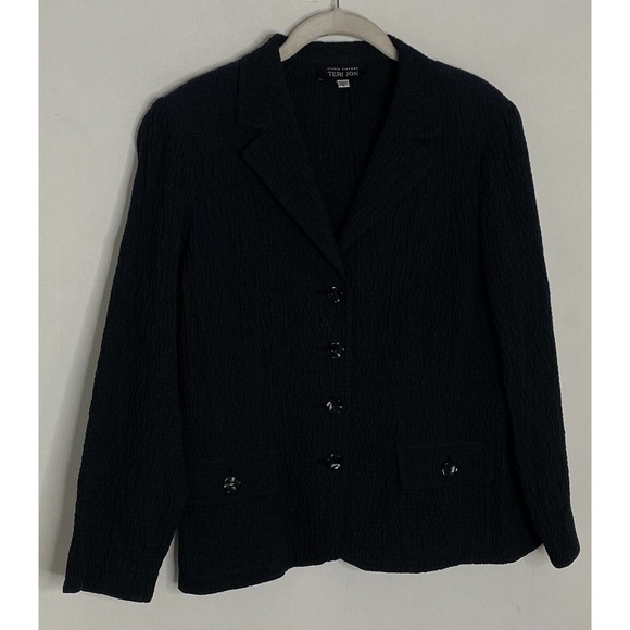 TERI JON Rickie Freeman Black Crinkle Button Light Blazer Jacket Size 8 - Picture 2 of 6